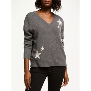 360 CASHMERE M Jayla Star Print V-Neck Sweater in Charcoal Chalk